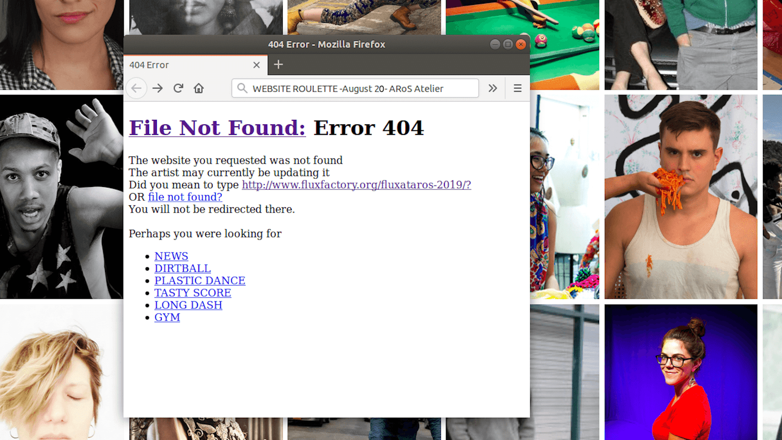 File Not Found: 404 Error message over a grid of artist's portraits