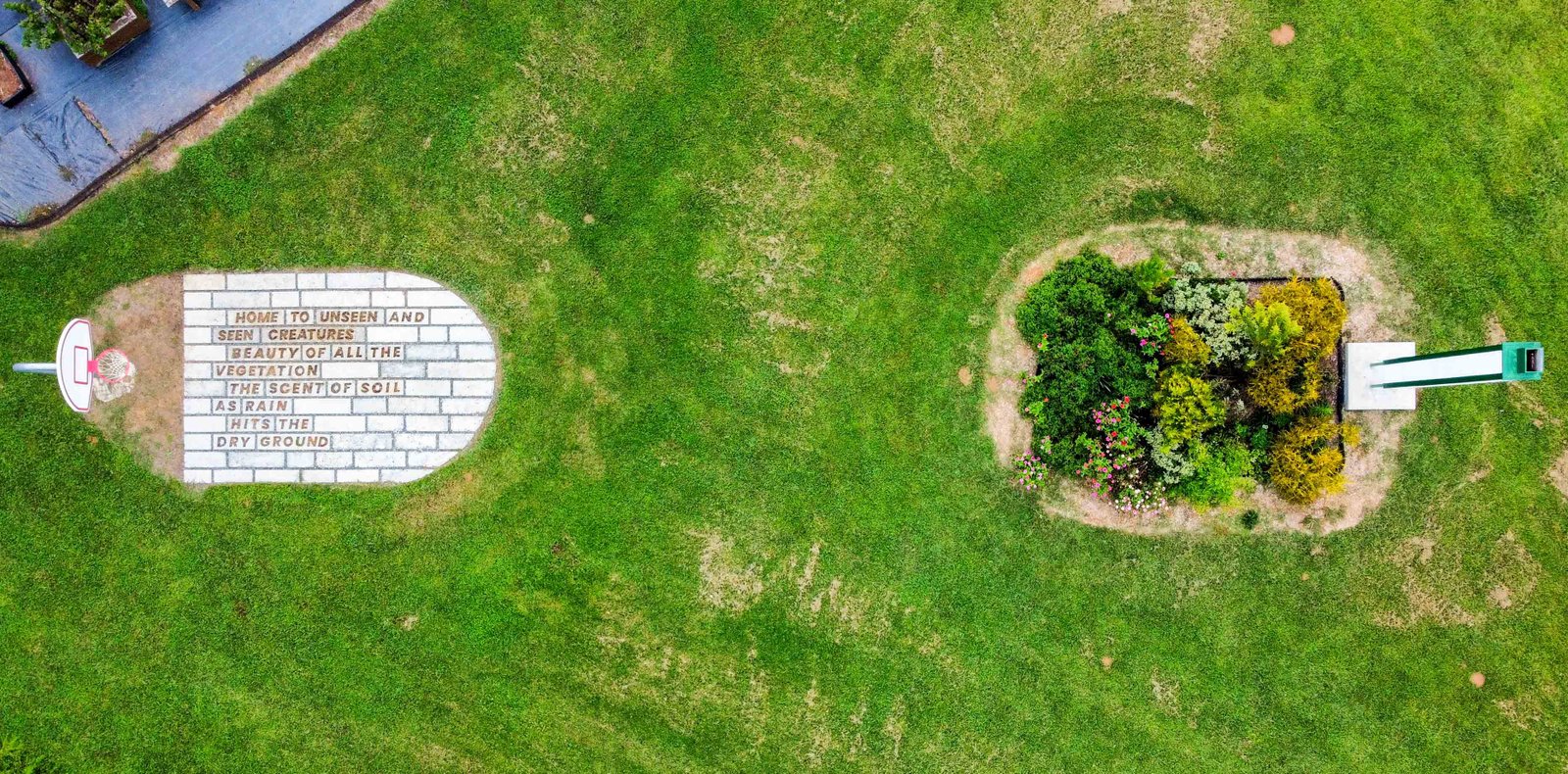 An aerial view of the Winterfield Community Garden Dirtball court